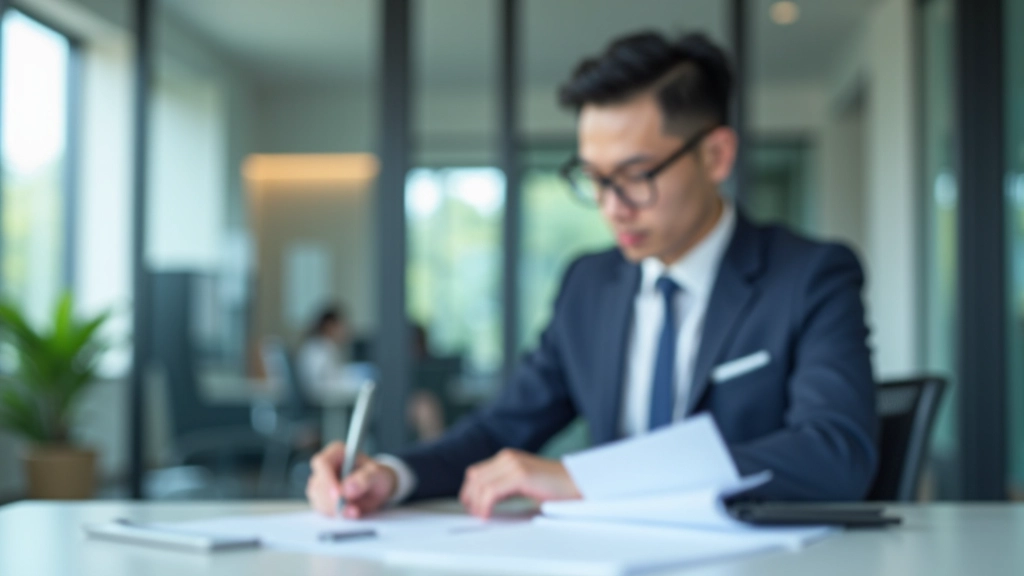 Professional accountant reviewing company financial statements and balance sheet