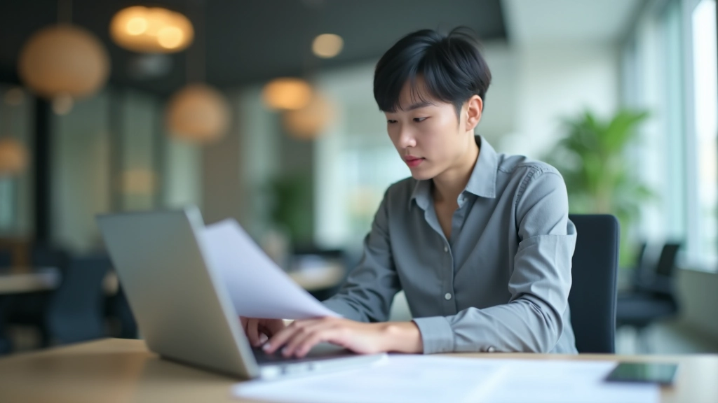 Business owner reviewing expense receipts and creating detailed budget breakdown at laptop
