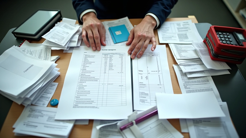 Messy desk with disorganized receipts and financial documents scattered around
