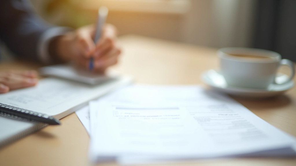 Handwritten business plan and notes on wooden desk with coffee cup
