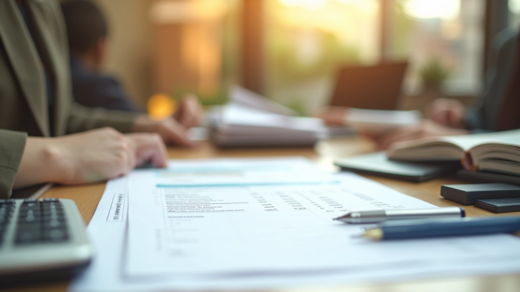 Professional workspace with organized filing system, tax folders, and financial documents neatly arranged