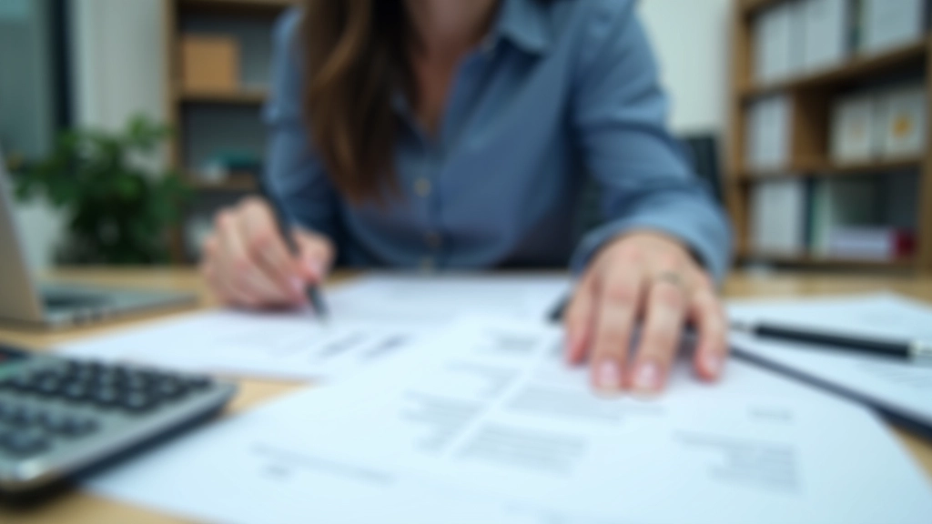 Person at desk reviewing monthly financial reports and reconciling accounts with calculator