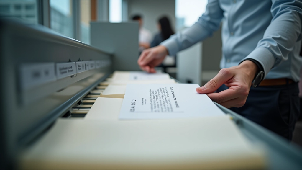 Person organizing and filing business documents into color-coded folders and filing cabinet