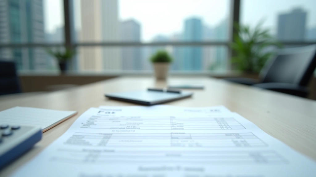 Tax documents and calculator on modern office desk with city view